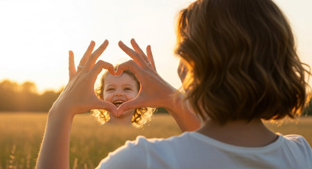 Mother and daughter making heart shape with hands at sunset. Happy family concept.の素材