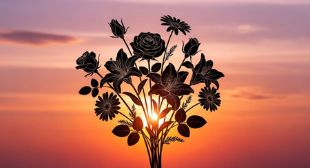 Silhouette of a tree with flowers on a sunset background.の素材