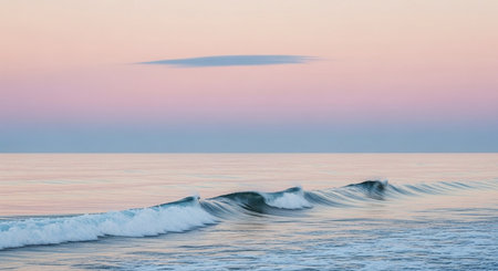 Baltic sea at sunset. Waves and water splashes. Long exposure.の素材