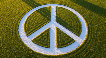 Aerial view of a green field covered with snow with a peace signの素材
