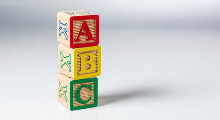 Wooden blocks with letters ABC and recycling symbol on white background.の素材