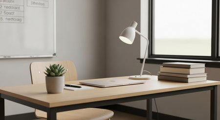 Modern workplace with computer and books on table in office. 3d renderingの素材