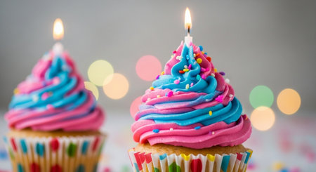 Birthday cupcakes with candles on bokeh background, closeupの素材