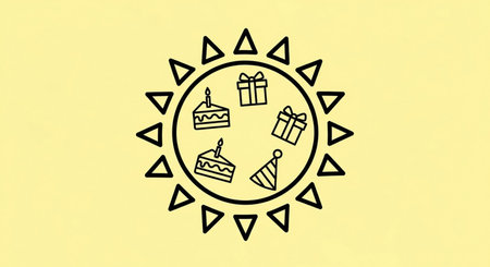 Illustration of a happy birthday card with cake, gift and cakeの素材