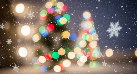 Christmas background with bokeh defocused lights and snowflakesの素材