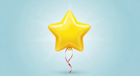 Yellow star balloon with ribbon on blue background. 3d illustration.の素材