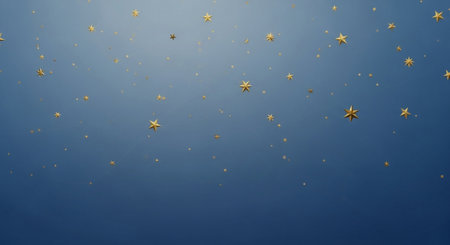 Golden stars on blue sky background. Christmas and New Year concept.の素材