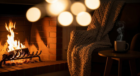 Cozy living room with fireplace and christmas lights. Cozy winter eveningの素材