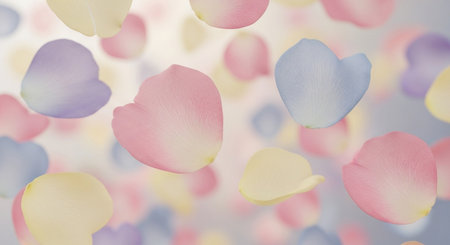 Colorful rose petals floating in the air on a white backgroundの素材