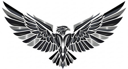 Illustration of an eagle with wings in black on a white backgroundの素材