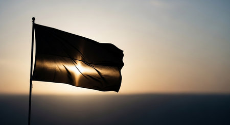 Silhouette of a waving flag on a background of the sunsetの素材