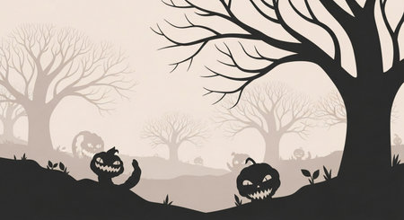 Halloween background with scary trees, ghosts and pumpkins. Vector illustration.の素材
