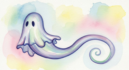 Watercolor illustration of a ghost on a colorful watercolor background.の素材