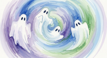 watercolor painting of ghosts on white paper background for halloweenの素材
