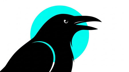 Black crow silhouette on white background with blue circle. Vector illustration.の素材