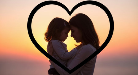 Silhouette of mother and daughter in heart shape over sunset backgroundの素材
