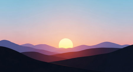 Sunset in the mountains. Nature landscape background. Vector illustration.の素材