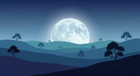 Night landscape with full moon, hills and trees. Vector illustration.の素材