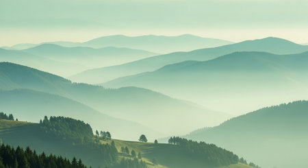 Foggy morning in the Carpathian mountains, Ukraine.の素材