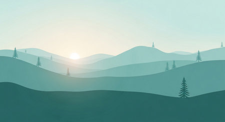 Landscape with hills and coniferous forest at sunset. Vector illustration.の素材