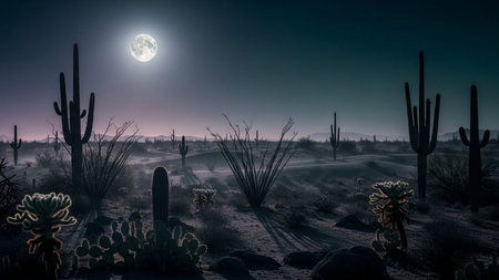 Full moon over the desert with cactuses and giant saguaro.の素材