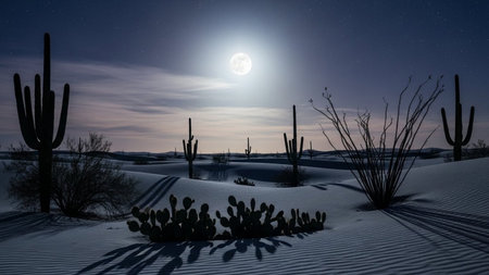Full moon over the desert at night with cactuses in the foregroundの素材