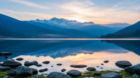 Mountain lake at sunset with reflection in water and mountains in backgroundの素材