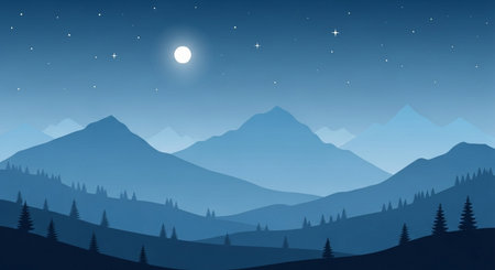 Mountains at night with full moon and stars. Vector illustration.の素材