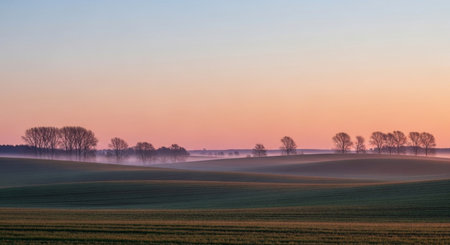 Sunset over the field with trees in the foreground and fog in the backgroundの素材
