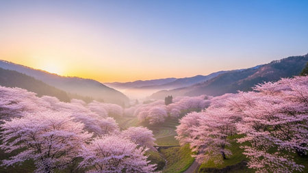 Cherry blossoms in full bloom in the morning, Japan.の素材