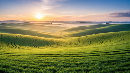 Beautiful sunrise over green fields in Tuscany, Italy.の素材