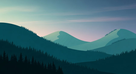 Silhouettes of mountains and forest at sunset. Vector illustration.の素材