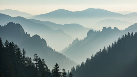 Mountain landscape with coniferous forest and fog in the morningの素材