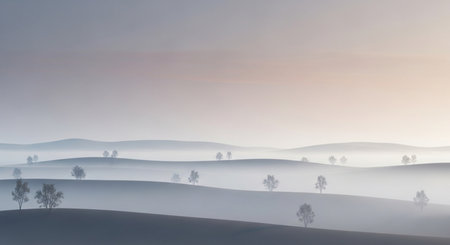 Beautiful landscape with fog and trees at sunrise, 3d renderの素材