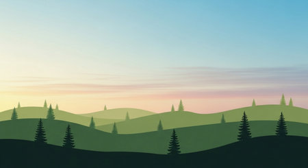 Silhouette of trees and hills at sunset. 3d illustrationの素材
