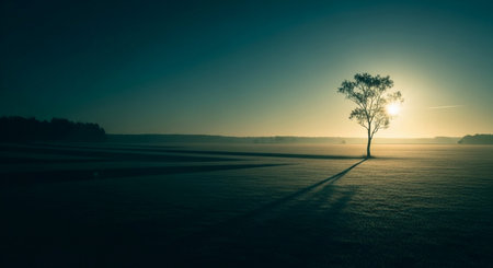Lonely tree in the field at sunrise. Vintage style.の素材
