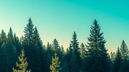 Fir trees in the forest at sunset. Beautiful nature background.の素材