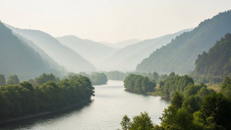 River in the morning mist. Beautiful landscape with river and forest.の素材