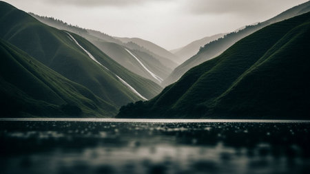 Mountain landscape with lake and fog in the morning. Vintage tone.の素材
