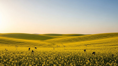 Rapeseed field at sunset. Panoramic view. Agricultural landscape.の素材