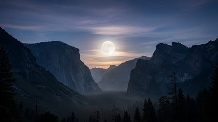 Yosemite National Park in California, USA at full moon lightの素材