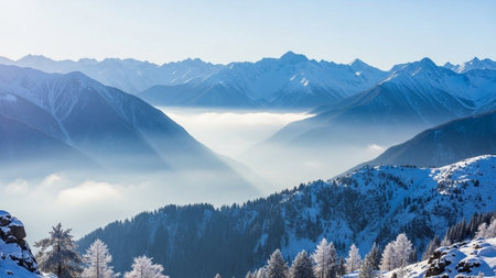 Beautiful winter landscape with snow covered mountains and sea of clouds.の素材