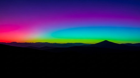 Colorful sunset in the mountains. Silhouette of a mountain range.の素材