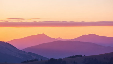 Beautiful sunset in the mountains. Carpathian, Ukraine, Europeの素材