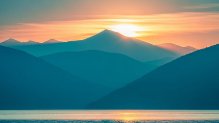 Sunset over Lake Baikal, Siberia, Russia. Beautiful summer landscape.の素材