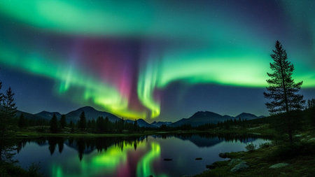 Aurora borealis, northern light over mountain lake in Canadaの素材