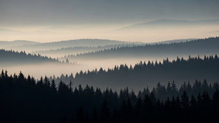 Foggy morning in the Carpathian mountains, Ukraine.の素材