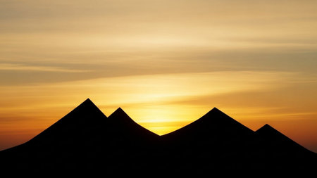 Silhouette of a mountain peak at sunset with orange sky.の素材