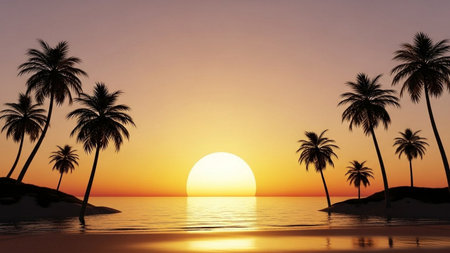Beautiful sunset over the sea with palm trees. 3d renderの素材