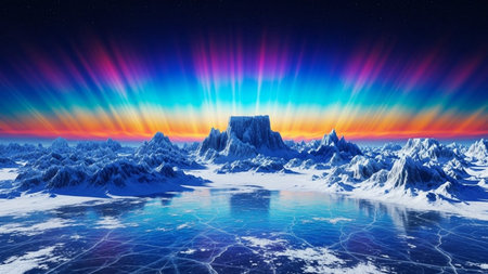 Fantasy alien planet. Mountain and lake. 3D illustration.の素材